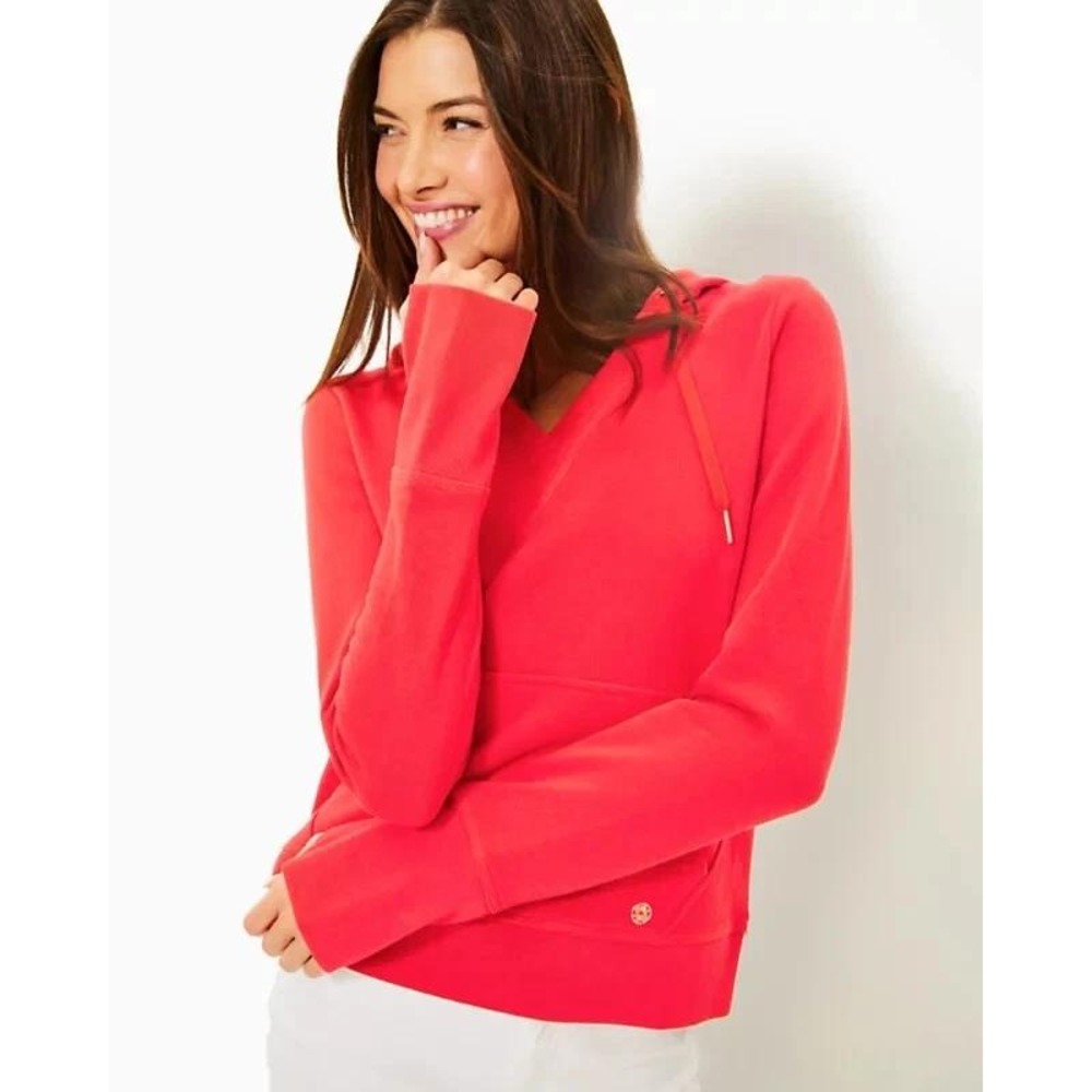New Lilly Pulitzer Pullover Hoodie Small Carrie V-Neck French Terry Coral NWT